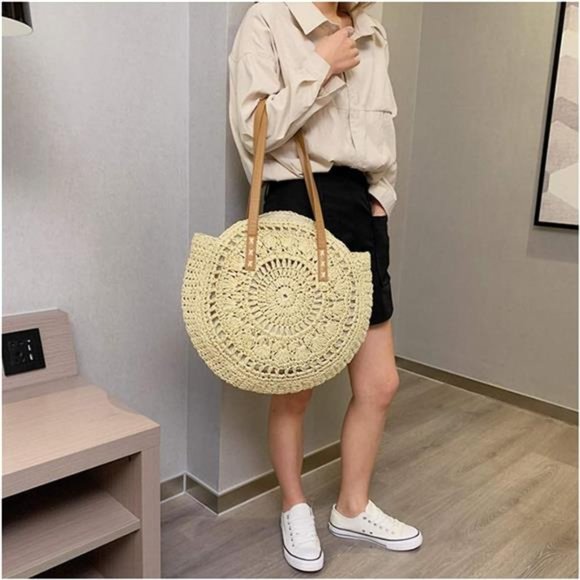 Straw Handbags Women Handwoven Round Corn Straw Bags Natural Chic Hand Large - Picture 3 of 6